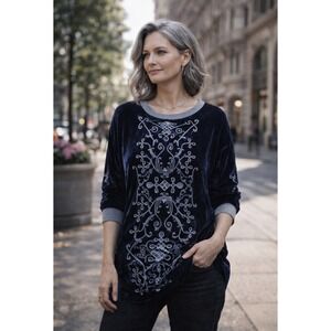 Johnny Was Silk Velvet Embroidered Tunic L Dark Gothic, Boho, Luxe, embroidered